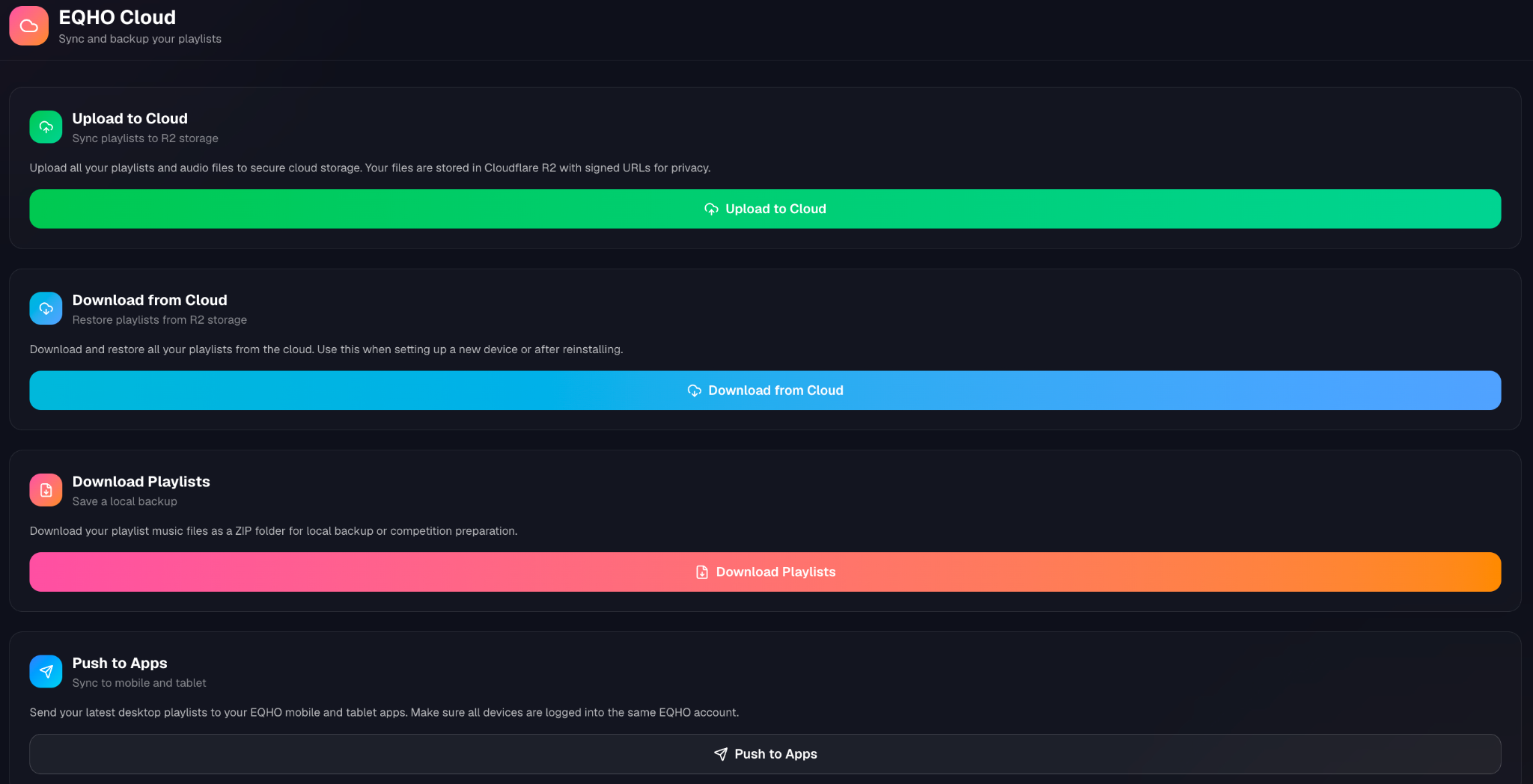 EQHO Cloud screen with Upload to Cloud, Download from Cloud, Download Playlists and Push to Apps options for backing up and moving playlists between devices.