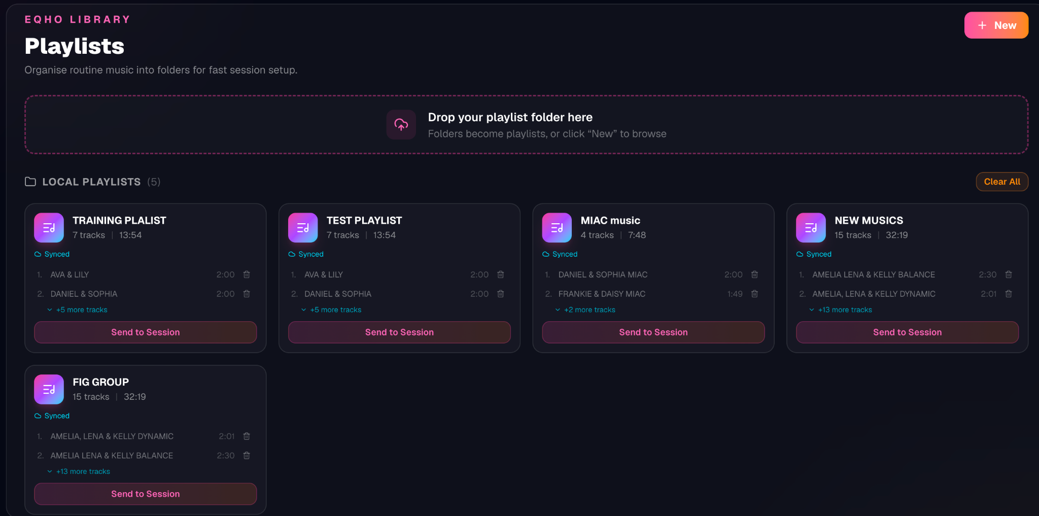 EQHO Player library screen showing five local playlists — Training Playlist, Test Playlist, MIAC music, New Musics and Fig Group — each with a track count, duration, a synced status and a Send to Session button, above a drop zone for adding a playlist folder.