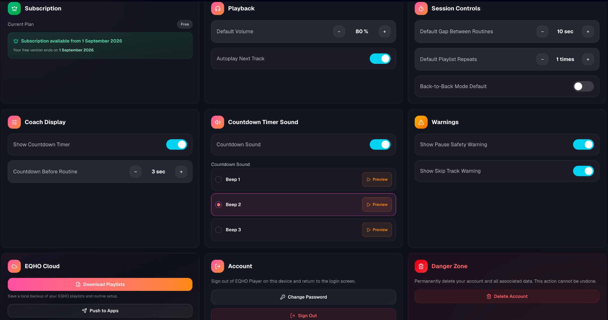 EQHO Player settings screen with Subscription, Playback, Session Controls, Coach Display, Countdown Timer Sound, Warnings, EQHO Cloud, Account and Danger Zone panels.